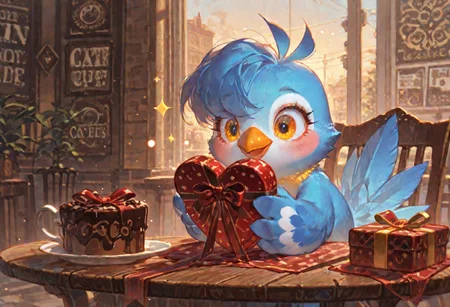 artist:kawacy, cutie bird, cafe, masterpiece, best quality, amazing quality, very aesthetic, absurdres, newest, 
valentine's gift, golden hour glow,