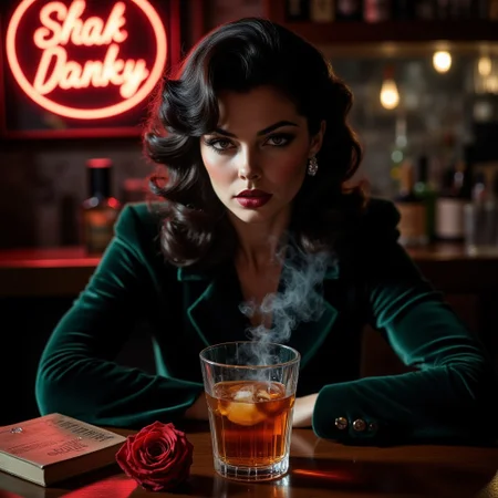 A sultry, cigarette-smoking woman, her face framed by a cascade of dark curls, sits hunched over a dimly lit bar.  A worn, emerald green velvet jacket, heavy with the weight of unspoken secrets, drapes over her shoulders.  A single diamond earring dangles, a stark contrast to the shadows that cling to her figure.  Her eyes, the color of stormy seas, are fixed on a swirling glass of amber liquid, reflecting a swirling tempest of emotion.  The bar itself, dimly lit by a flickering neon sign, casts long, theatrical shadows that stretch across the polished mahogany.  The air hangs thick with the scent of expensive perfume and stale cigarette smoke, a melancholic symphony of the city's late night.  A single, disintegrating rose, crimson and faded, sits on the table before her, a silent testament to a lost love.  A worn copy of Hemingway rests beside the glass, as if a whispered answer to her unspoken sorrow.  The relentless thump-thump of a jazz bass echoes from the speakers, a soundtrack to silent despair.  Her expression, a haunting mix of defiance and desperation, suggests the question: Did love ever truly find her?