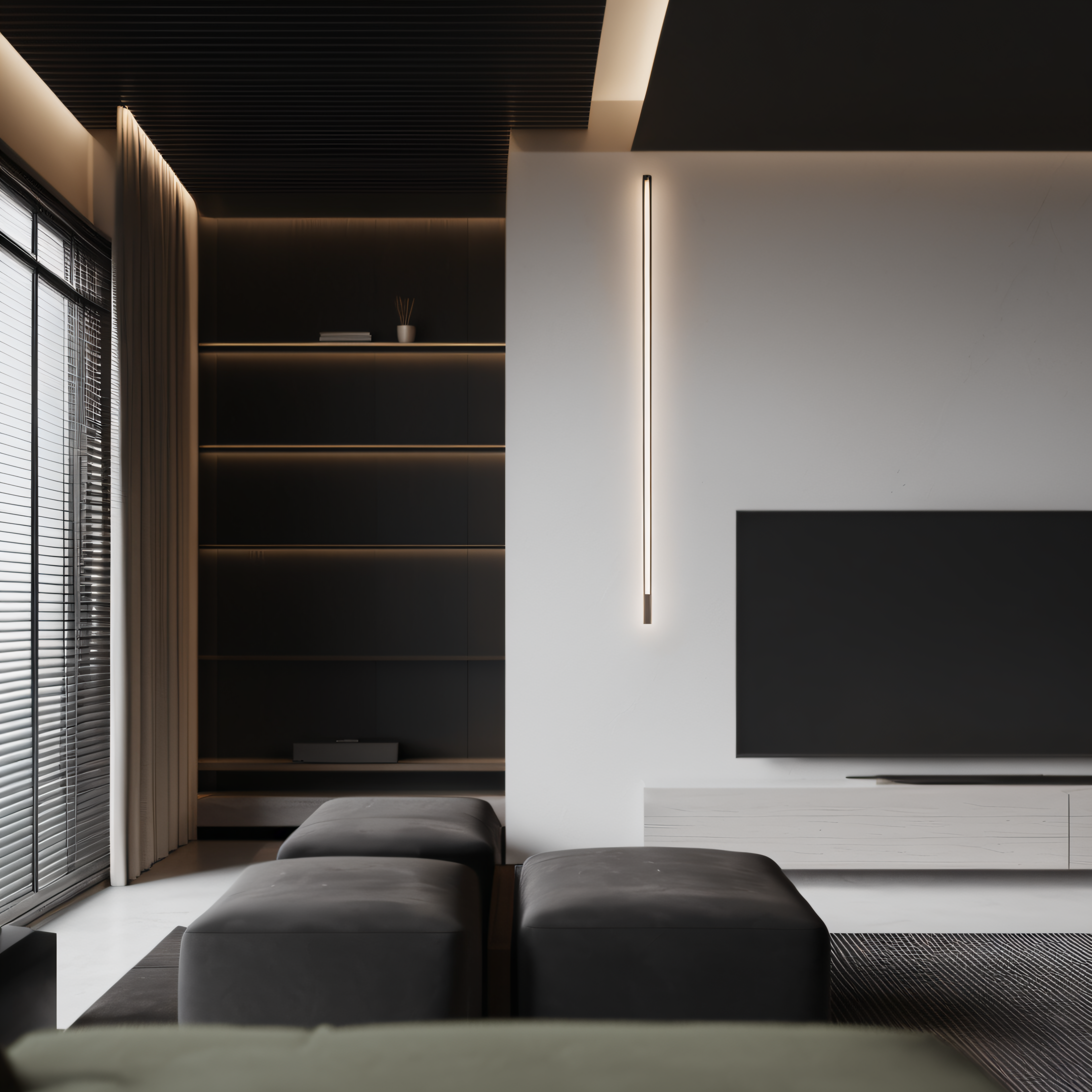 WD,(living room),couch,carpet,floor tile,floor lamp,tv wall,television,PLY,magnetic track light,window,venetian blinds,bestquality,masterpiece,highquality,real,realistic,superdetailed,fulldetail,8K,<lora:Dark guest restaurantXL.1.0-000008:1>,