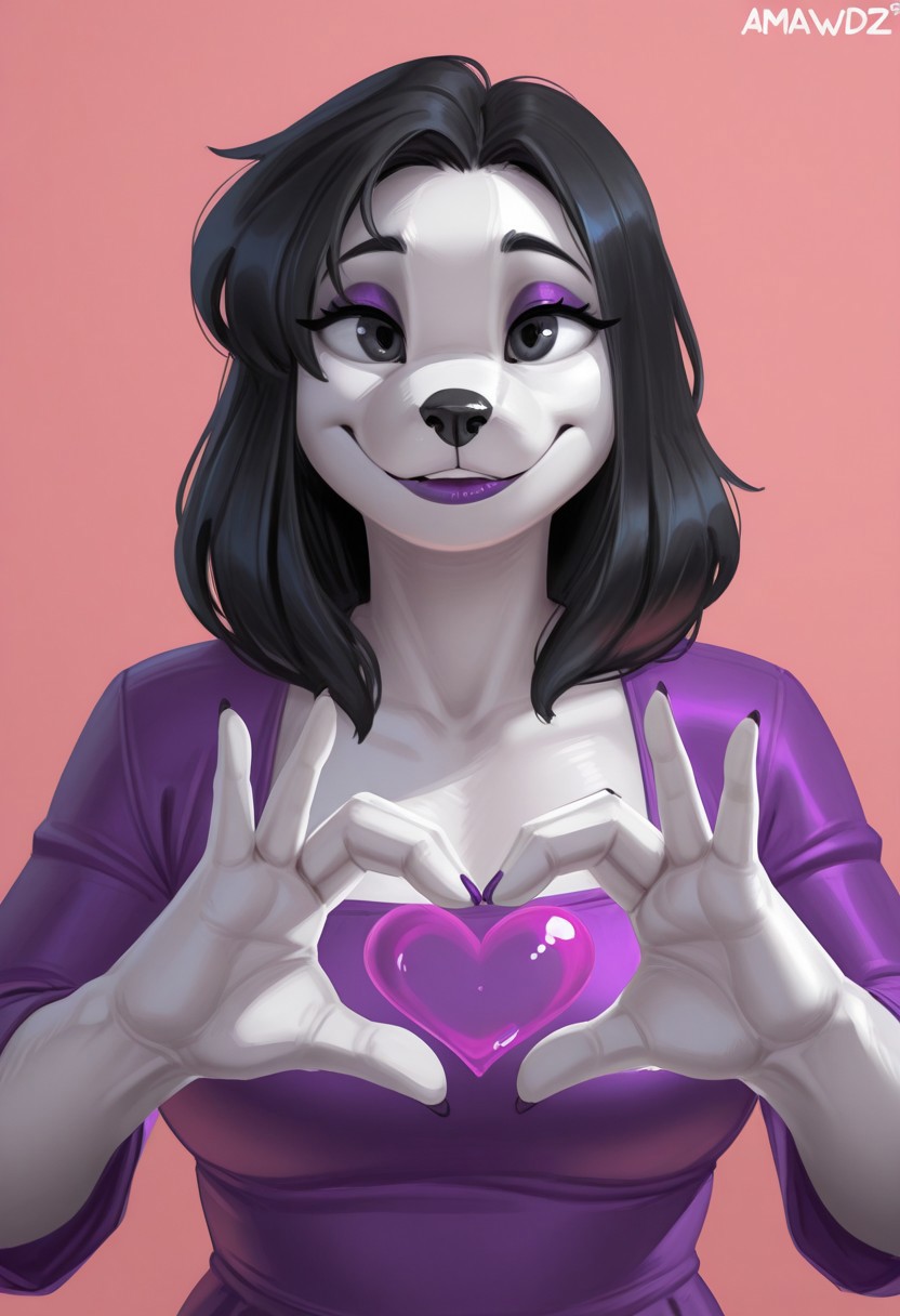 amaso, 1girl, solo, medium build, medium hair, sfw, safe for work, covered skin, flowy dress,  black eyes, purple lipgloss, smiling, portrait, upper body, heart hands, foreshortening, detailed, newest, furry female, furry, anthro