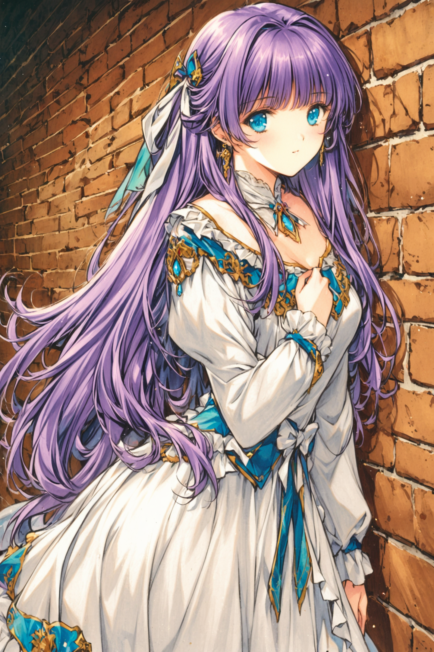1girl,solo,long hair,blue eyes,jewelry,earrings,hair ornament,purple hair,brick wall,long sleeves,looking at viewer,ribbon,dress,bangs,hair ribbon,traditional media,<lora:MIN-NARAKEN_XL:0.8>,