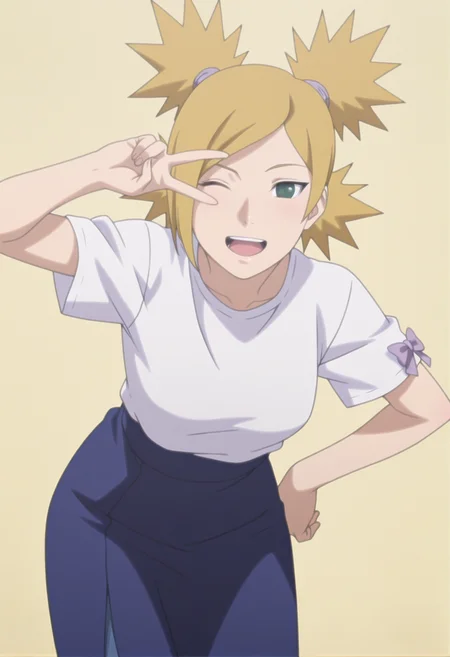 anime screencap, anime coloring, <lora:DX888Temari:1> nara temari, green eyes, blonde hair, quad tails, parted bangs,, BREAK hair bow, high-waist skirt, long skirt, shirt tucked in, short sleeves, sleeve bow, print skirt, leopard print, blue skirt, white shirt, BREAK simple background, yellow background, BREAK 1girl, ;d, hand on own hip, leaning forward, looking at viewer, one eye closed, open mouth, smile, solo, standing, v, v over eye,