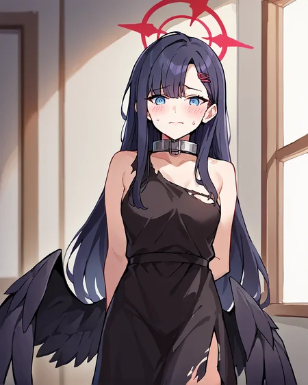 1girl, solo, <lora:spbaIchikaXLPony:1> ichikadef, hairclip, halo, black wings, one-piece rags, torn clothing, single strap clothing, slave collar, embarrassed, inside, <lora:Rags__Slave_clothing_Lora_Pony-000006:1>,, , score_9, score_8_up, score_7_up, score_6_up, score_5_up, score_4_up, source_anime,masterpiece,