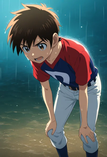 masterpiece,high score,great score,absurdres,daigo shigeno,daigo shigeno\(mifune\),1boy,solo,male focus,pants,grey pants,open mouth,hands on own knees,shirt,short sleeves,belt,white pants,raglan sleeves,feet out of frame,sweat,leaning forward,standing,t-shirt,blue socks,socks,rain,mifune dolphins baseball jersey,<lora:Goro_Shigeno_V1-1:0.8>,official art,