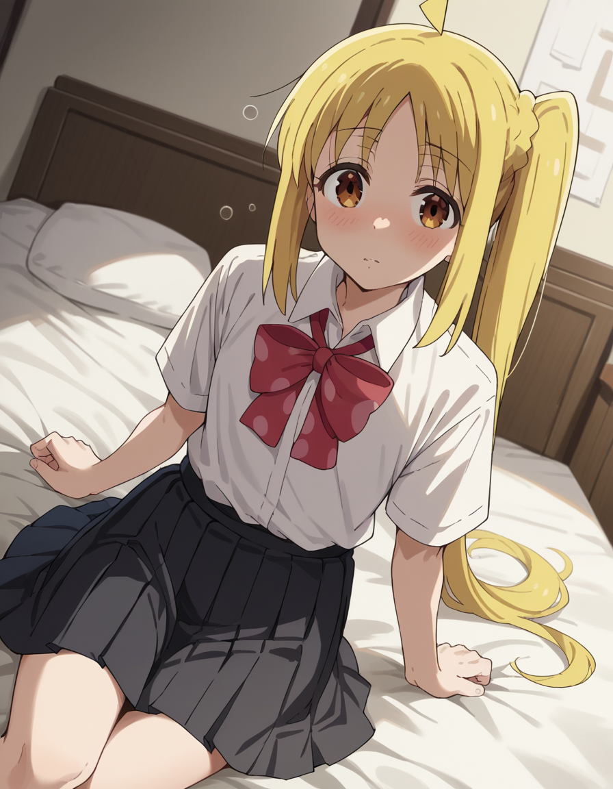 score_9, score_8_up, score_7_up, source_anime,
nijikaijichi, <lora:nijika-ijichi-s1-ponyxl-lora-nochekaiser:1>,
nijika ijichi, ahoge, yellow hair, brown eyes, long hair, side ponytail,
black skirt, bow, bowtie, collared shirt, pleated skirt, polka dot, polka dot bow, red bow, red bowtie, shirt, short sleeves, skirt, white shirt,
indoors, bed, bed room, on side, blush, drunk,
cowboy shot, solo, dutch angle, looking at viewer,