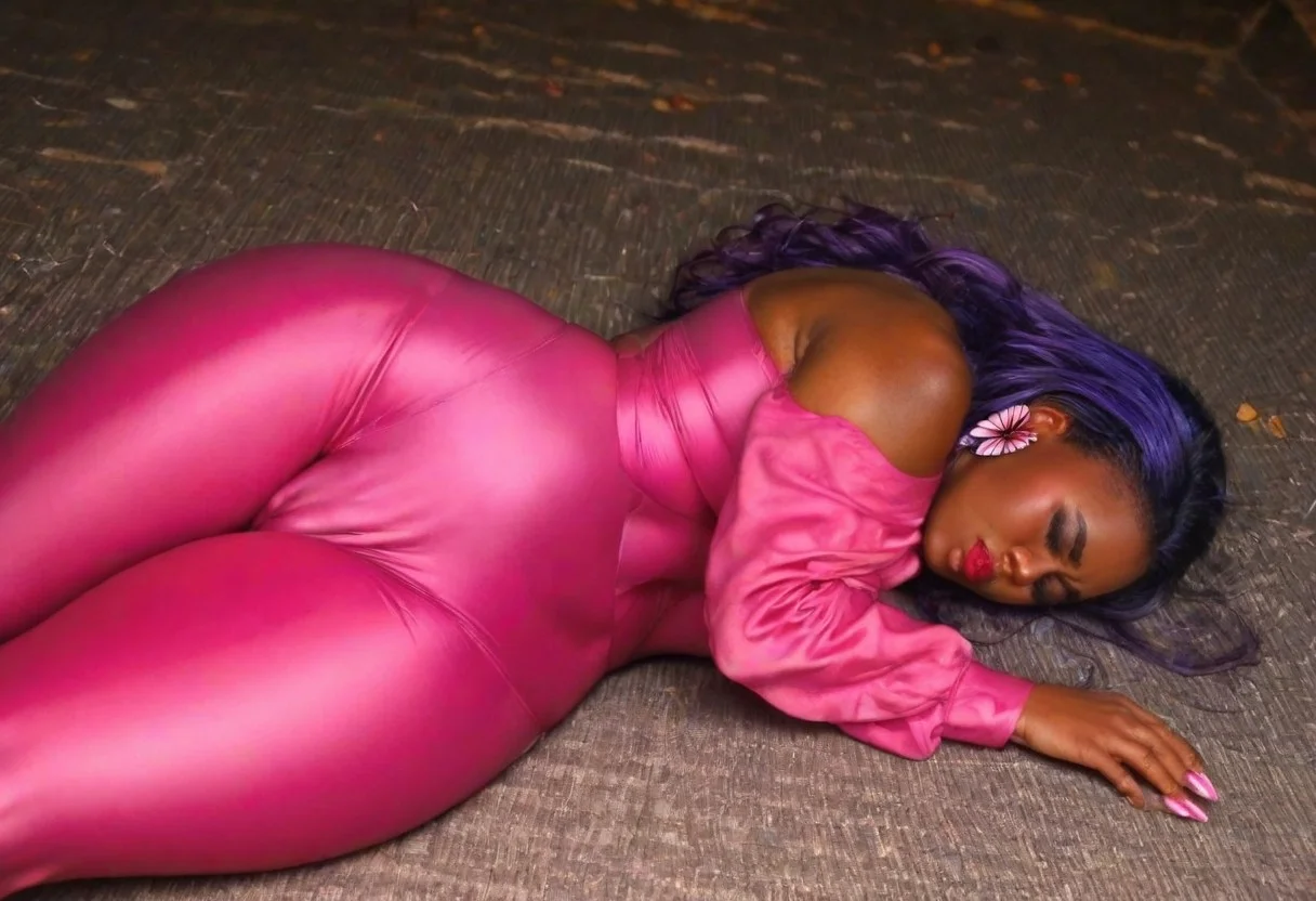 ass focus,score_9, score_8_up, score_7_up,African Nigerian woman very dark skin,(dark skin:2.0),1girl,plus sized,long eyelashes,thick eyebrows,high cheekbones,prominent cheekbones:0.9,cameltoe,plump,deep cameltoe,cameltoe,prominent massive cameltoe,c4m3lt0,(cameltoe:0.9),cameltoe_body,extra wide hips,gigantic breasts, gigantic sagging breasts, cowboy shot, (dynamic pose:1.1),dynamic angle,night,from side,skindentation,red lipstick,blush,pink nail polish,cameltoe,prominent massive cameltoe,c4m3lt0,(cameltoe:0.9),cameltoe_body,curvy tummy,extra wide hips,plump,prominent love handles,wide massive hips,(wide hips:2.3),hip dips,very curvy,weak_combatant,helpless,butterfly aura,psychic magic butterfly forehead,hand on neck,eyes closed in pain,dizzy,furrowed brows,grimace of pain,grimacing expression,Expressiveh, hurt,<lora:APsylockePink_character:0.8>, PsylockeXL,purple hair,purple eyes,long hair,clothing cutout,shoulder cutout,detached sleeves,pink bodysuit,makeup,bodysuit,pink butterfly earrings,sleeping, knocked out, on stomach, on the ground in the ghost town.