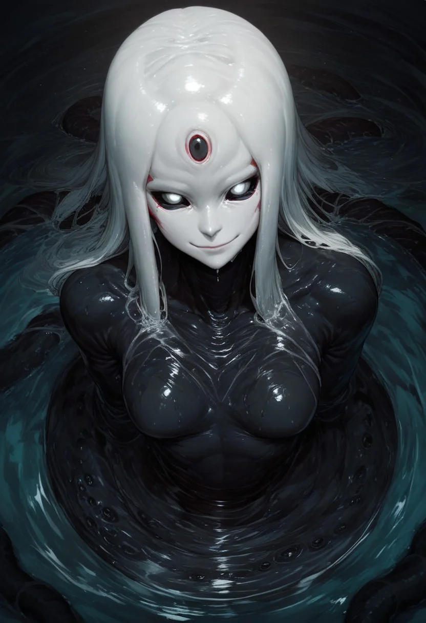 zPDXL2, score_9, score_8_up, score_7_up,  alien monster girl, beautiful face, tentacle hands:1.1, (inside a cave), multiple eyes, ((close up:2)), focus on face, large jellyfish head shape, multiple eyes on head, black body color, long octopus hair:1.2,  tendrils wrapped around breasts, black body, extremely detailed, skin texture, glistening body, small breasts, red scales on body, dripping wet body, oiled, long sleeves, white face, (big ass:0.4), black sclera, (shining white eyes), emerging from water, monster body, black sclera, glossy eyes, arching back, seductive smirk, wicked smile, Expressiveh, from above
