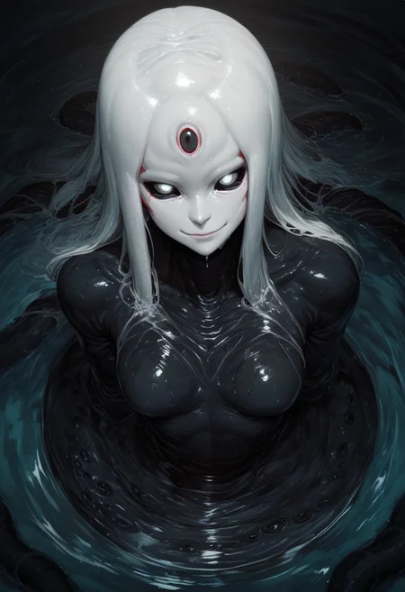 zPDXL2, score_9, score_8_up, score_7_up, alien monster girl, beautiful face, tentacle hands:1.1, (inside a cave), multiple eyes, ((close up:2)), focus on face, large jellyfish head shape, multiple eyes on head, black body color, long octopus hair:1.2, tendrils wrapped around breasts, black body, extremely detailed, skin texture, glistening body, small breasts, red scales on body, dripping wet body, oiled, long sleeves, white face, (big ass:0.4), black sclera, (shining white eyes), emerging from water, monster body, black sclera, glossy eyes, arching back, seductive smirk, wicked smile, Expressiveh, from above