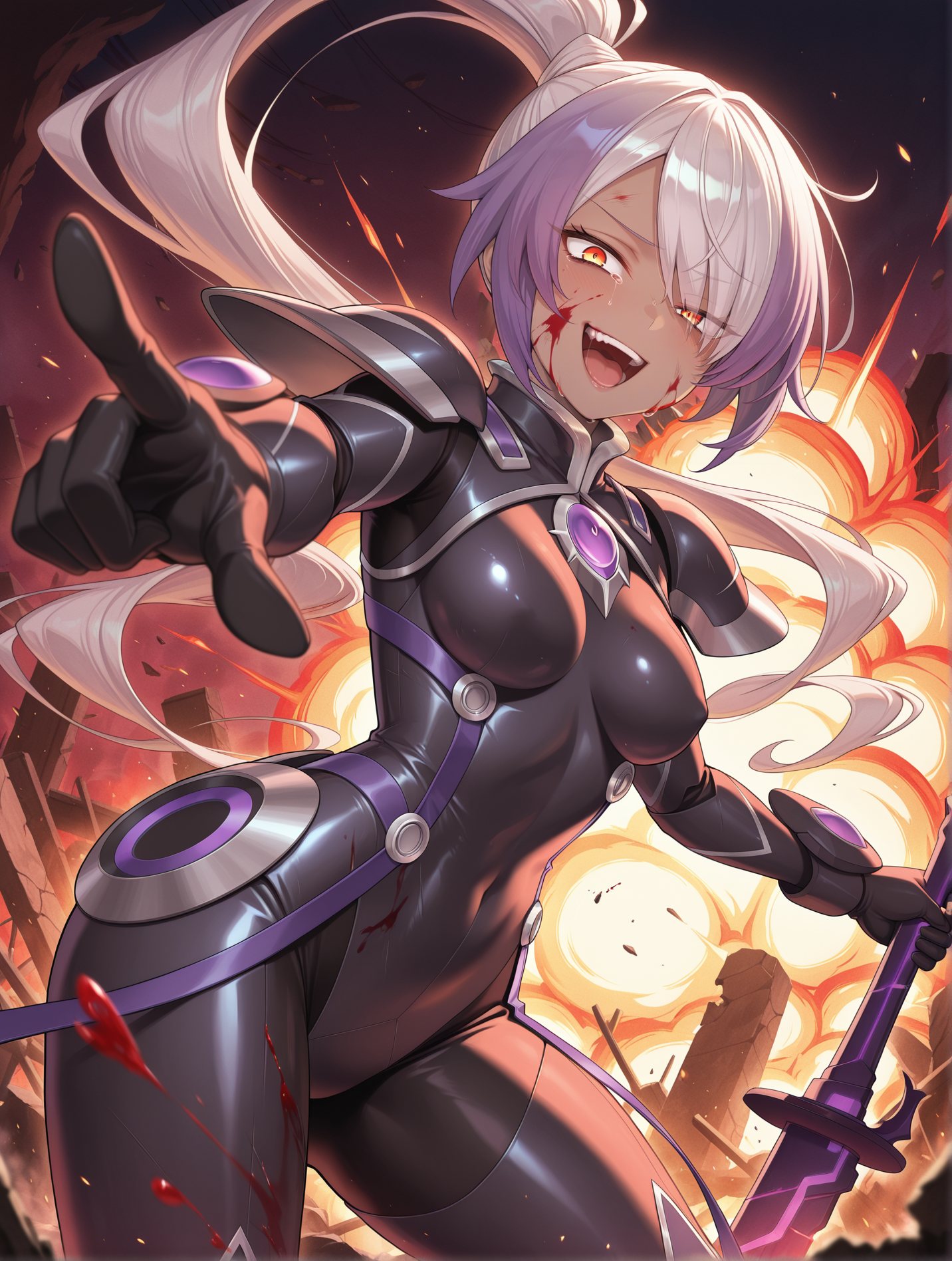 sky striker ace - azalea,1girl,solo,open mouth,looking at viewer,medium breasts,holding purple katana,purple katana,high ponytail,black battle bodysuit,evil grin,ruins,fire,blood on clothes,blood on face,half-closed eye,explosion,crazy smile,dark-skinned female,single_tear,pointing at viewer, 
masterpiece,best quality,amazing quality,very aesthetic,absurdres,newest,<lora:sky striker ace - camellia and azalea illusXL v2:0.75>,