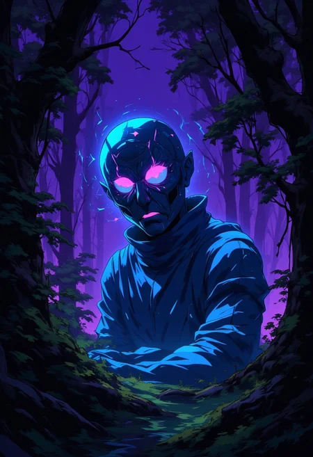 In a dimly lit forest, a glitchy bioluminescent creature emerges from the shadows, its form flickering and unstable. The image is a digitally enhanced photograph, capturing the creature's mysterious presence in vivid detail. Its silhouette shimmers with neon hues, casting an eerie glow on the surrounding trees. The creature's faceted eyes reflect the ambient light, giving it an otherworldly appearance. The high resolution of the image allows for every intricate glitch and shimmer to be seen clearly, adding to the creature's enigmatic aura. Ilustration. Anime semi-realism style. Vibrant. Fantasy genre.