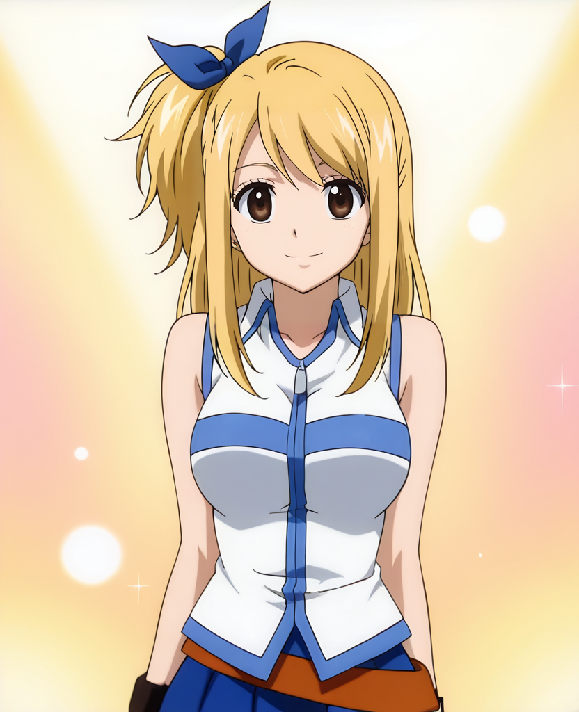 (masterpiece), (best quality), absurdres, highres, <lora:Lucy_Heartfilia_ILLUS:1> , lh1, bracelet, 1girl, solo, long hair, skirt, blonde hair, brown eyes, hair ribbon, belt, one side up, looking at viewer, smile,
