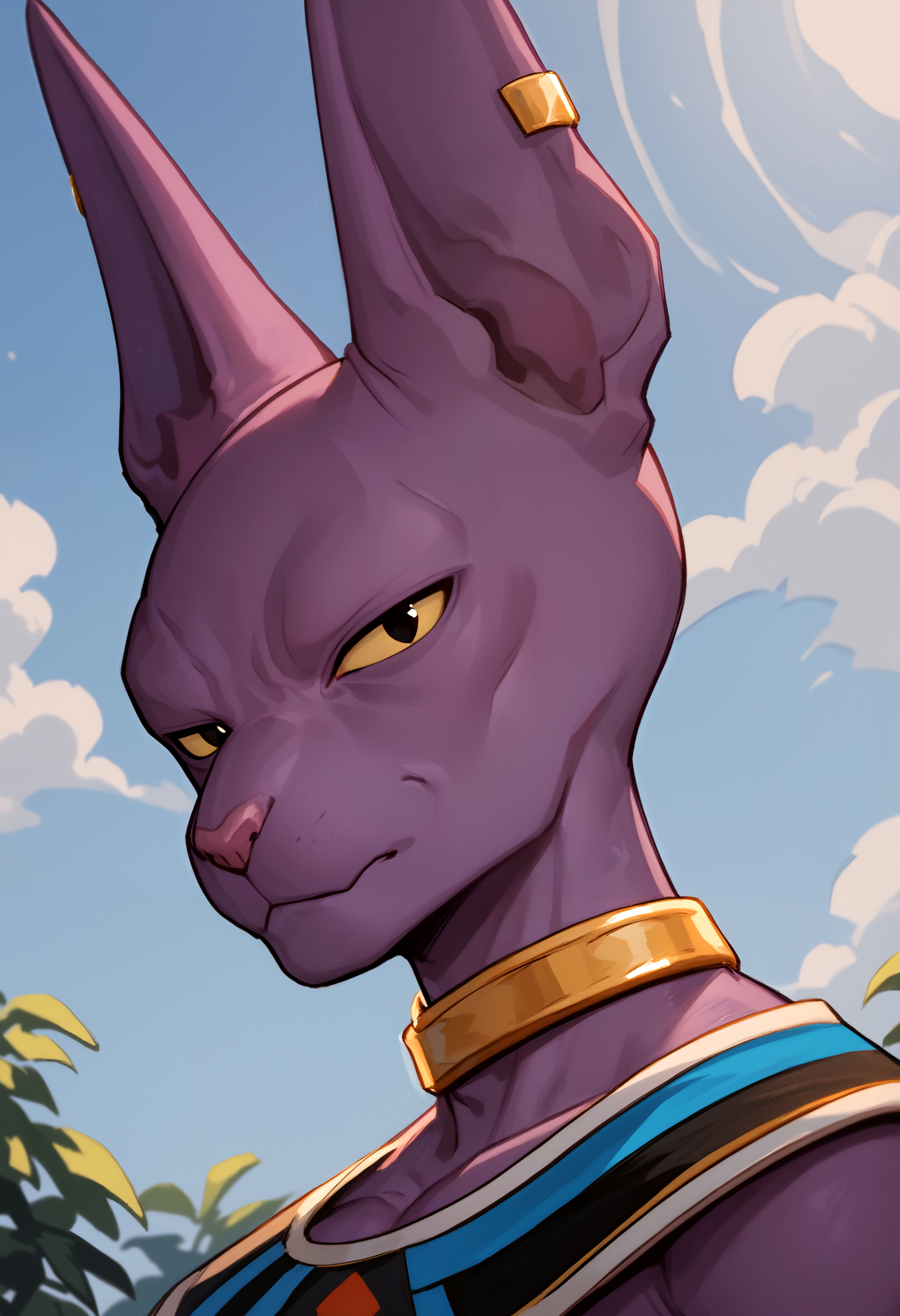 score_9, score_8_up, score_7_up, anthro only, furry only, 1boy, solo,  <lora:BeerusPony-000002>, 1boy, solo, beerus, cat boy, purple skin, collar,  egyptian clothes, gold armlet, gold choker, gold earring, single earring, yellow sclera, black eyes, looking at viewer, close up, side view,  outside,