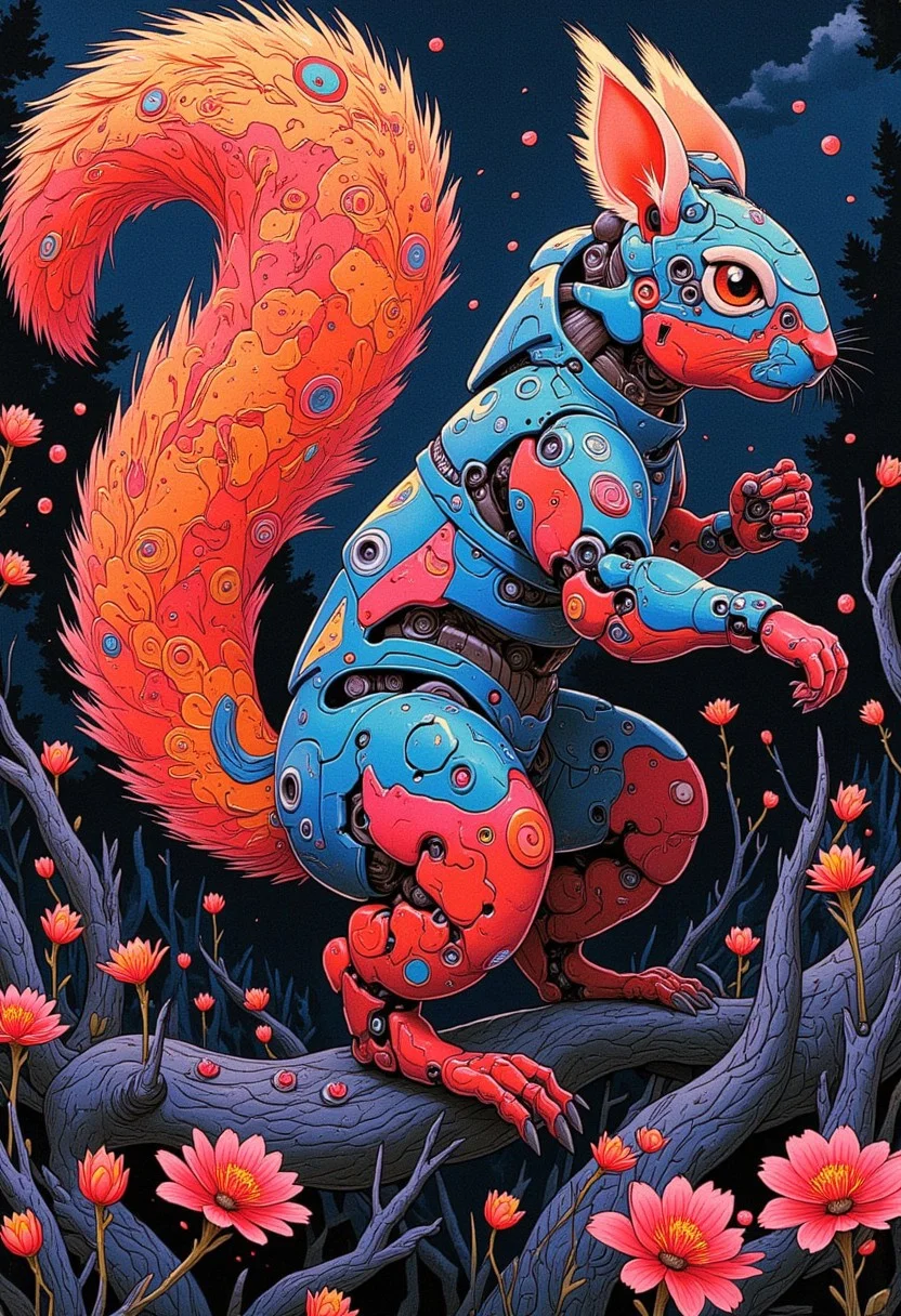 Ultra realistic photo a squirrel Sloot An embroidered design Spring atmosphere, sharp robot details, and eerie, swirling textures dominate the surreal composition, ultra sharp focus photo, cinematic, beautiful, vibrant, masterpiece, 32k, ultra HD, ultra-detailed, amazing quality, amazing artist, sharp edges, detailed textures, full view, atmospheric lighting, amazing visuals.