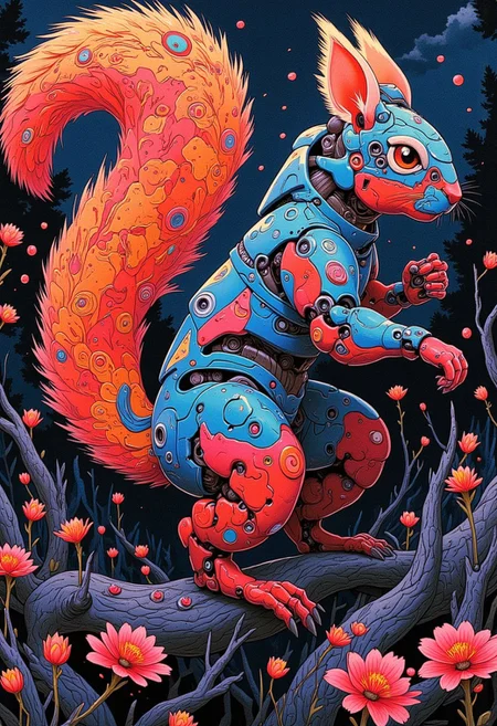 Ultra realistic photo a squirrel Sloot An embroidered design Spring atmosphere, sharp robot details, and eerie, swirling textures dominate the surreal composition, ultra sharp focus photo, cinematic, beautiful, vibrant, masterpiece, 32k, ultra HD, ultra-detailed, amazing quality, amazing artist, sharp edges, detailed textures, full view, atmospheric lighting, amazing visuals.