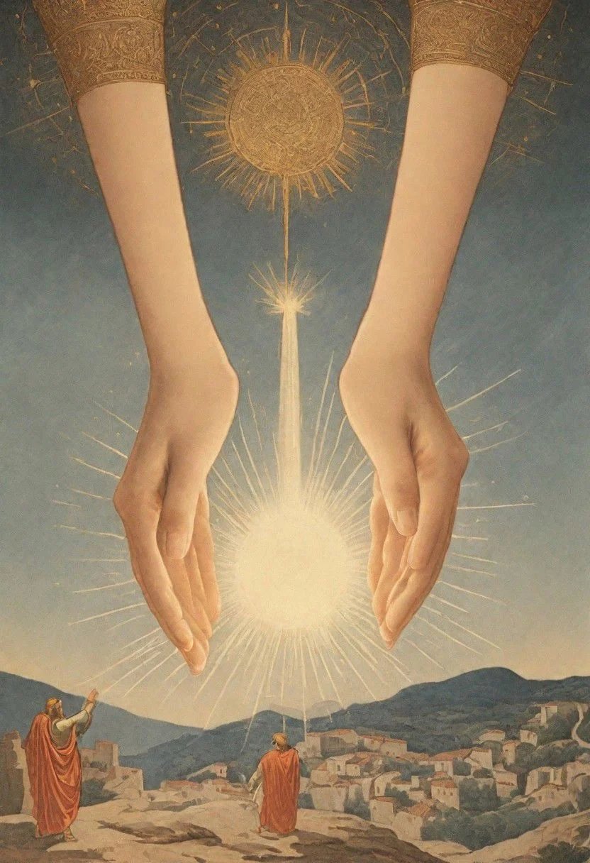 By herg, Giant godly Hands coming from above, Zeus hands coming from top, Out of a DARK Thunder Cloud, Shooting flashes to the peoples below.
a medieval greece landscape,