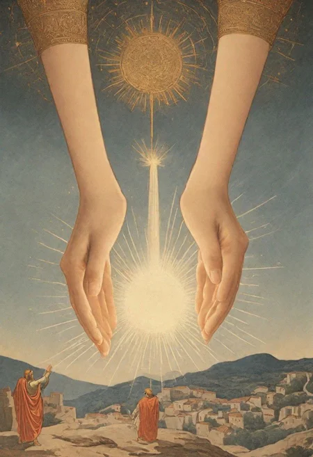 By herg, Giant godly Hands coming from above, Zeus hands coming from top, Out of a DARK Thunder Cloud, Shooting flashes to the peoples below. 
a medieval greece landscape,