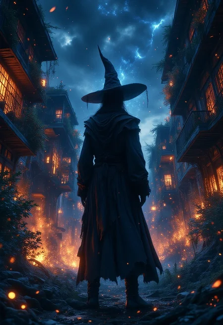 A cinematic scene. The back of a man, standing in a residential quarters in Barranquilla city, at night. now he is looking back. In the style of Makoto Shinkai. Adding depth to the composition. High resolution, high detail. Highly detailed., <lora:FantasyWizardWitchesFluxV2-000001:0.8>, <lora:Dever_Flux_Enhancer:0.4>, <lora:Elden_Ring_-_Yoshitaka_Amano:0.4>