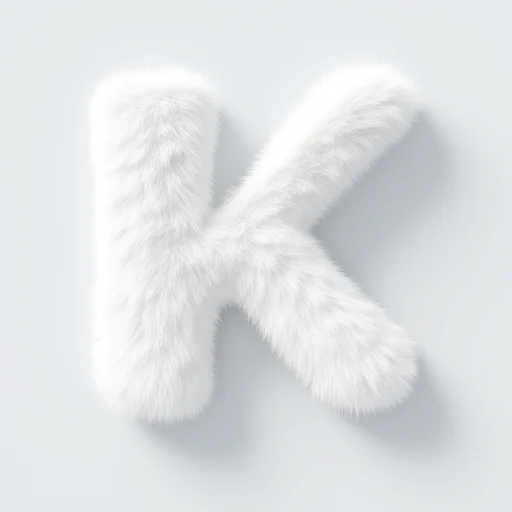 white fur, plush appearance. The fur texture is dense and uniform, "K", three-dimensional letters arranged against a solid, 3D representation of the letters "HINOPORWYZ" against a bright