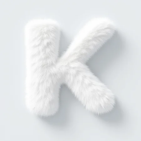 white fur, plush appearance. The fur texture is dense and uniform, "K", three-dimensional letters arranged against a solid, 3D representation of the letters "HINOPORWYZ" against a bright