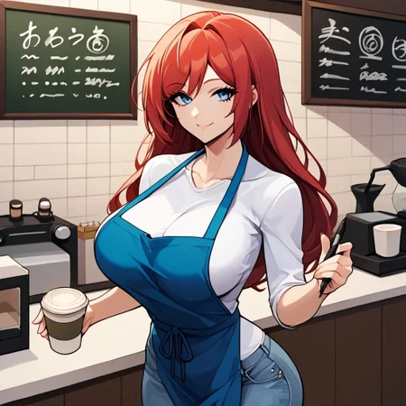 freebos_smoothiestyle, score_7_and_up, 1girl, barista, red hair, blue eyes, source_anime, large breasts, coffee cup, blue apron, white shirt, jeans, absurdres, 4kres, unreal quality, good eyes, good hands, looking at viewer, seductive smile