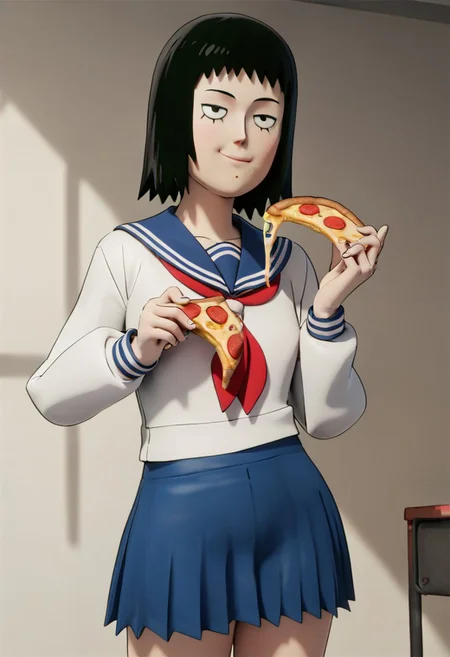 score_9, score_8_up, score_7_up, 3d, sidelighting, 1girl, solo,
kurata tome, black hair, medium hair, black eyes, narrowed eyes,
serafuku, long sleeves, blue skirt, smile, eating pizza, large slice of pizza, munching