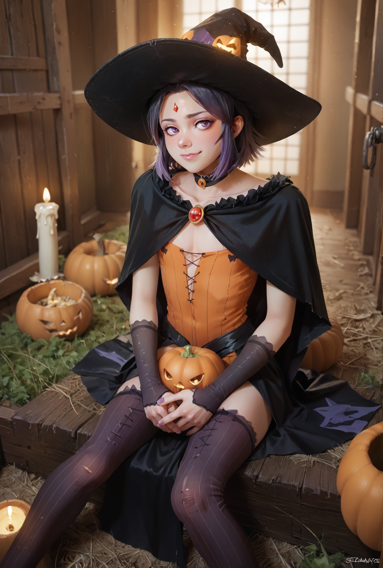 score_9,score_8,score_7_up,steamedegg,solo,1boy,otoko no ko,blush,witch outfit, raven hair,dark farm, pumpkins, candles, sitting, pose, cat smile,   <lora:SteamedEgg_Style:1>