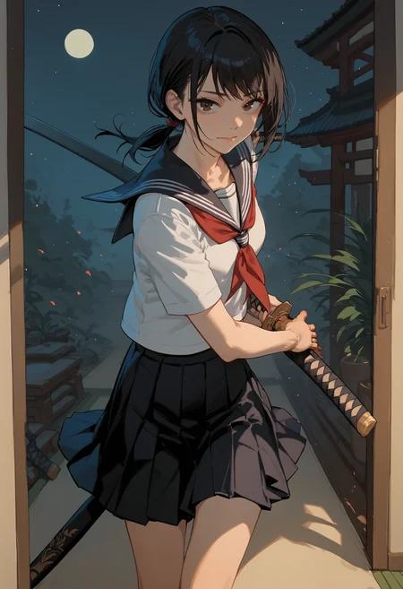 score_9, score_8_up, score_7_up, score_6_up, score_5_up, score_4_up, source_anime, 1girl, solo, 18yo, (slim face:1.5), (bangs:1.2), skinny, thin body, wide hips, thin thighs,
<lora:age_slider_v4:2> <lora:Expressive_H:1><lora:Retroscifi-Pony1:1>
portrait,
front view,
from front,
standing, brown eyes, looking at viewer, black hair, short hair, low ponytail, barefoot, school uniform, skirt, serafuku, shirt, white shirt, pleated skirt, short sleeves, neckerchief, red neckerchief, sailor collar, black skirt, closed mouth, katana,weapon, sword, holding weapon, holding, holding sword, sheath, night, moon, japanese tatami room, <lora:battoujutsu_stance_24retry_pony_rework_final_svd_d8:1>battoujutsu
