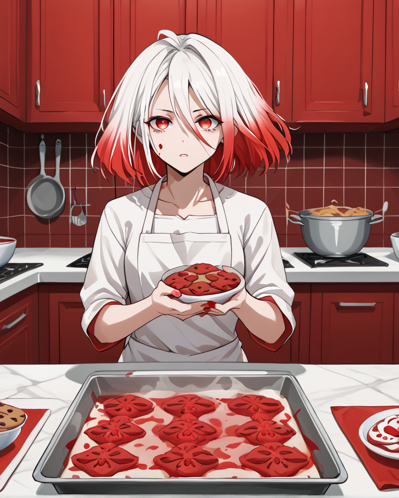 ayre, red eyes, multicolored hair, red hair, white hair, red theme, baking cookies, inside kitchen, cook, red cookies, red mist, blood, <lora:Ayre_Armored_Core_6_FORPONY:1>