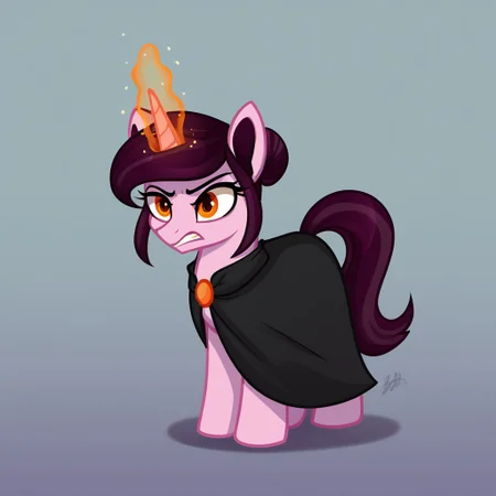 masterpiece, score_9, score_8_up, score_7_up, (best quality:1.1), ultra-detailed, high resolution, 1character, solo, Rosa Maledicta, Rosa Maledicta shoots a laser from the horn, unicorn, feral, female, mare, (((beautiful detailed orange eyes))), squinty eyes, long eyelashes, eyebrows, fluffy pony ears, glowing horn, pink skin, cutie mark, tail, clenched teeth, dark purple mane, hair bun, gray hair tips, black cloak, magic blast, magic, on a rock shelf, highly Visible, sharp focus, perfect lighting, shadow, anatomically correct, extremely detailed, high detail, angry face, full body, expressiveh, night, starry sky, fog