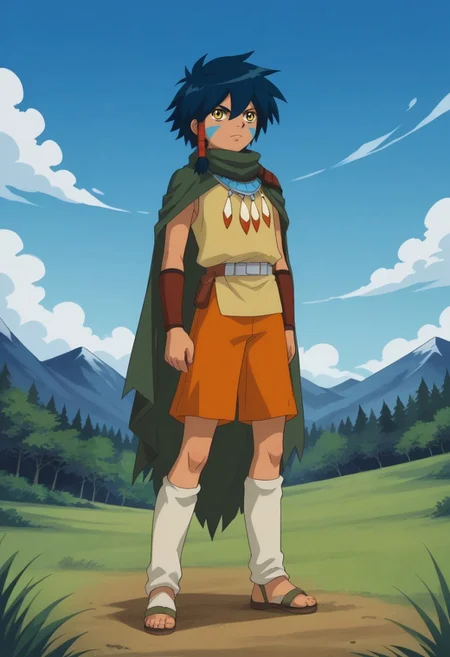 score_9, score_8_up, score_7_up, source_anime, highly detailed,
keenan, 1boy, solo, male focus, dark skin, cape, sandals, blue hair, dark-skinned male, shorts, black hair, jewelry,
leg warmers, facial mark, facepaint, yellow eyes, hair tube,
outdoor, nature, mountains, sky, clouds,