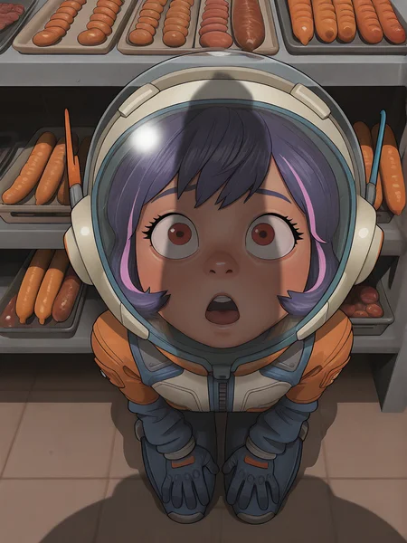 masterpiece, best quality, amazing quality, absurdres, butcher shop, hanging sausage, D8ST4JL, Junoow , red eyes, streaked hair, penis shadow, phallic symbol, penis awe, helmet,