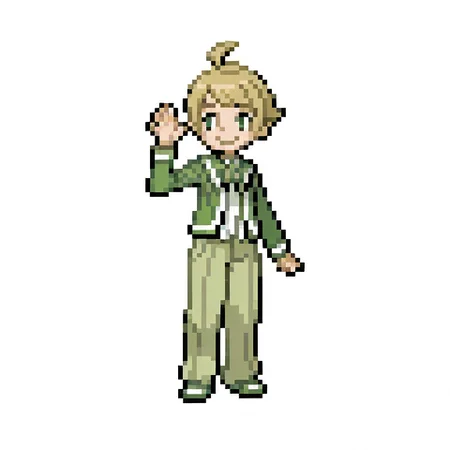 1boy,
full body,
blonde, short hair, sideswept bangs, ahoge, green eyes, thick eyebrows, smile, waving
