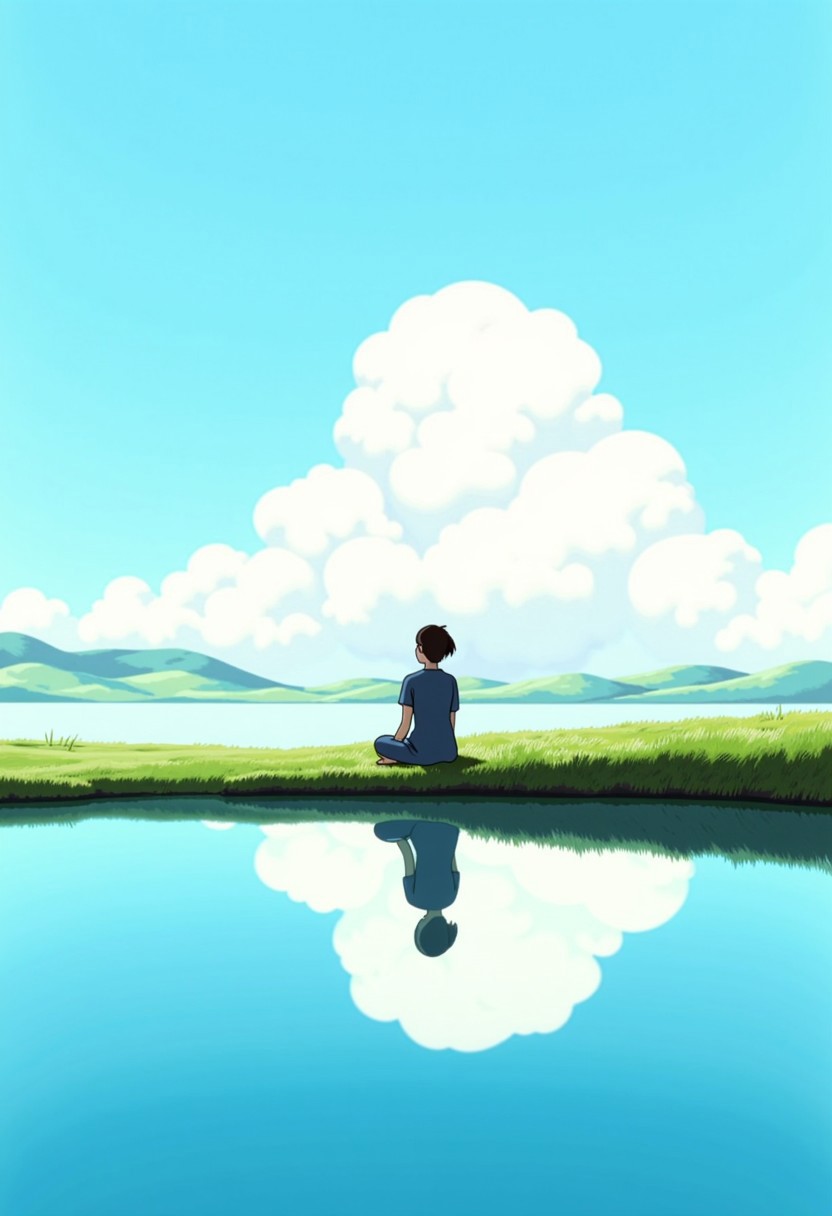ghiblistyle, girl sitting by lake, clouds, reflection