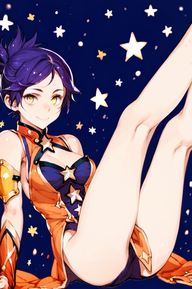 score_9, score_8_up, score_7_up, 1girl, squinting eyes smile, dark_purple hair, side-swept_bangs, star-shaped_hair, golden eyes, breasts, legs up, infirmary, dim light <lora:toi8_PonyXL_style_v01:1>