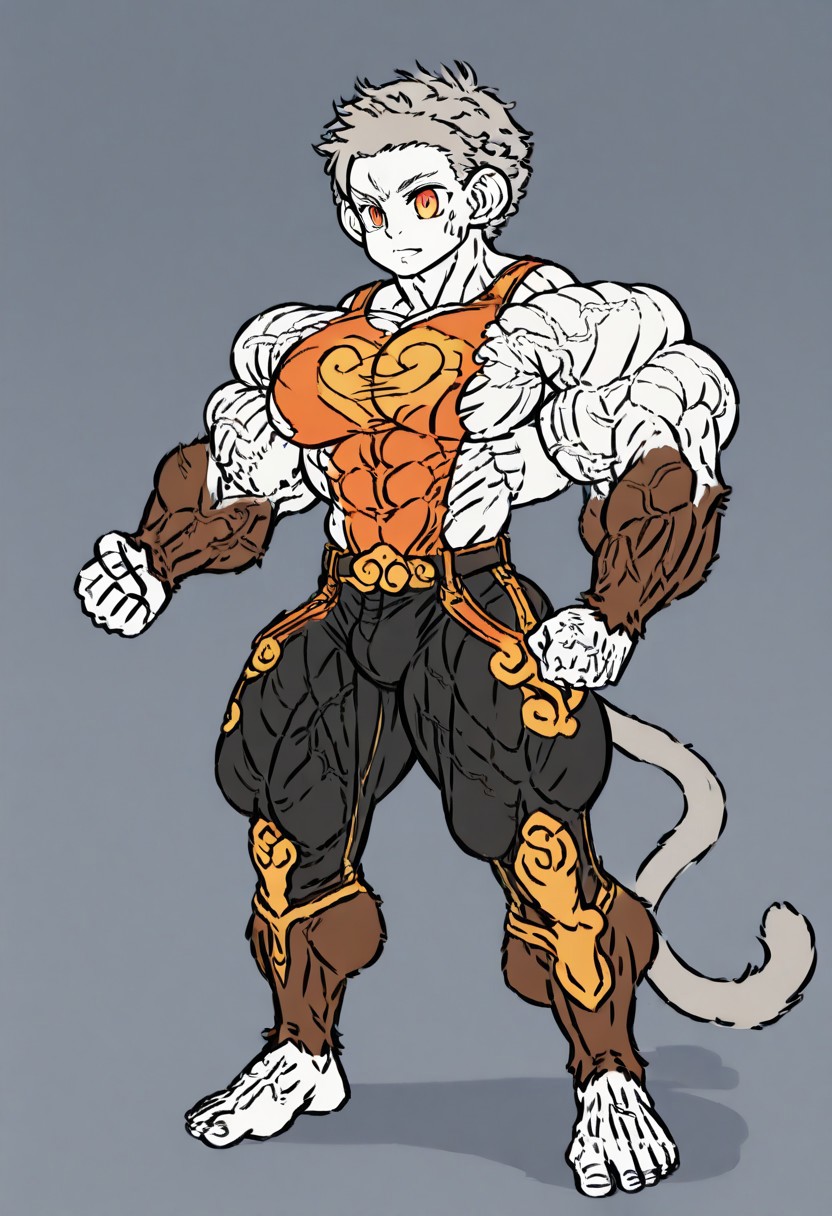Wukong, orange eyes, white skin, grey hair, monkey shape, solo, youngsters
Chinese armour, belt
hyper muscles, hyper defined muscles, broad shoulders, small waist, 
Muscles definition, hyper defined muscles, veiny, veins, veiny 
muscles, hyper muscles, hyper defined muscles, broad shoulders, long and strong arms veiny, veins, hyper veiny, Ripped pecs hyper 
hyper muscles developed,
SFW,8k high detail, detail, 
hyper muscular feral
chinese meticulous ink art