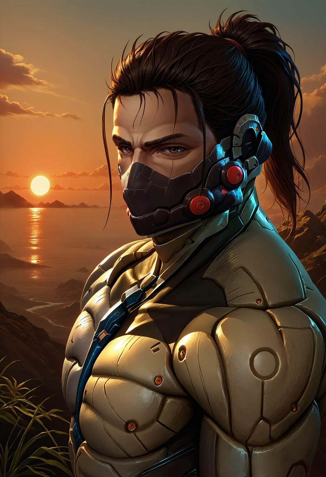 score_9, score_8_up, score_7_up, detailed, realistic, 1boy, <lora:JetstreamSam_XLPD:0.9> JetstreamSam, cyborg, bodysuit, headgear, mask, from side, close-up, closed mouth, sunset, horizon, scenery, muscular, looking at viewer, brown eyes,
