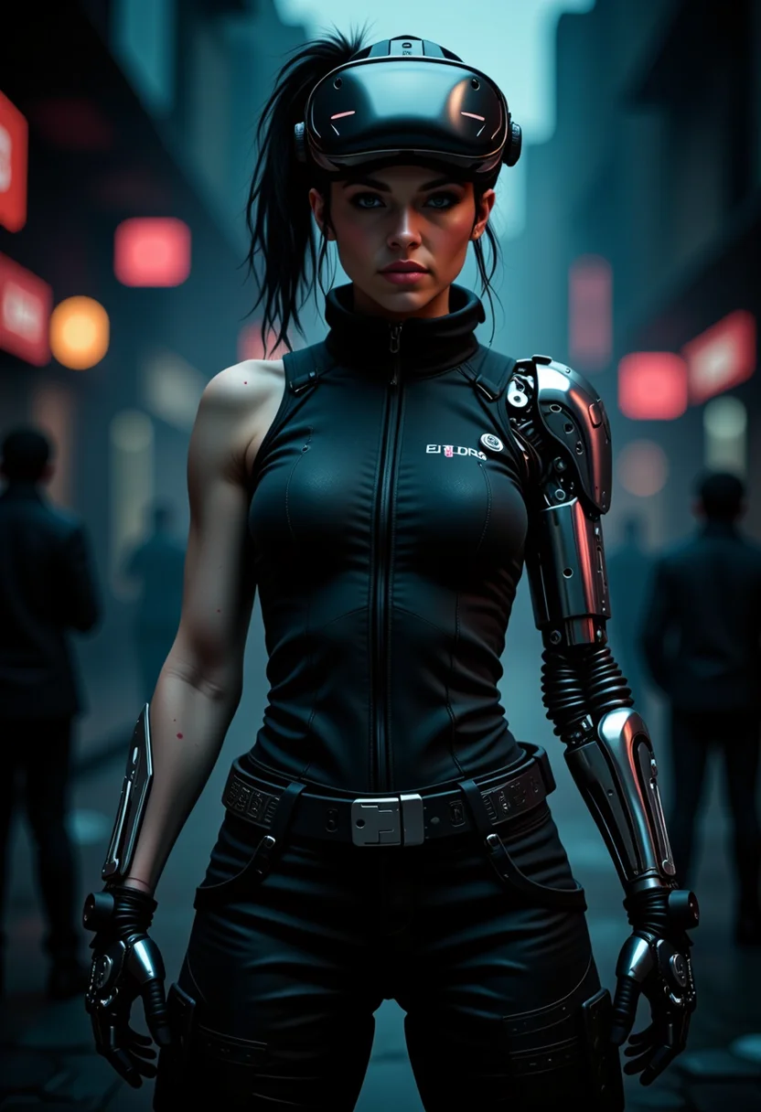 neo-erotic, street samurai android young french woman, vr fight club and arena, wearing nano-weave utility jumpsuit, Biomechanical cyborg mechanical_arms with organic elements fused with metal, pulsing veins, biomechanical textures with auguments on in her head. style of jessica galbreth, <lora:artist/style_of_Jessica_Galbreth_FLUX_220.safetensors:0.8>, , <lora:flux_trainer/augments_v2_rank65_bf16:0.8> <lora:Magic of Art 2 (FLUX)>, Cinematic style, Beauty, Realism, Photorealism, Chiaroscuro, High quality, <lora:flux/flux_realism_lora>, detailed photorealism style, <lora:flux/aeshteticv2>, aesthetic_pose, dynamic_pose,