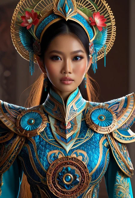 A hyper-realistic depiction of a single woman's upper body, adorned in intricately designed fantasy clothing that blends traditional Indonesian patterns with futuristic elements, set against a sleek, modern backdrop that incorporates subtle hints of Indonesian culture, with soft, natural lighting and a shallow depth of field, in the style of a high-end fashion photograph, with vibrant colors and exquisite texture details.