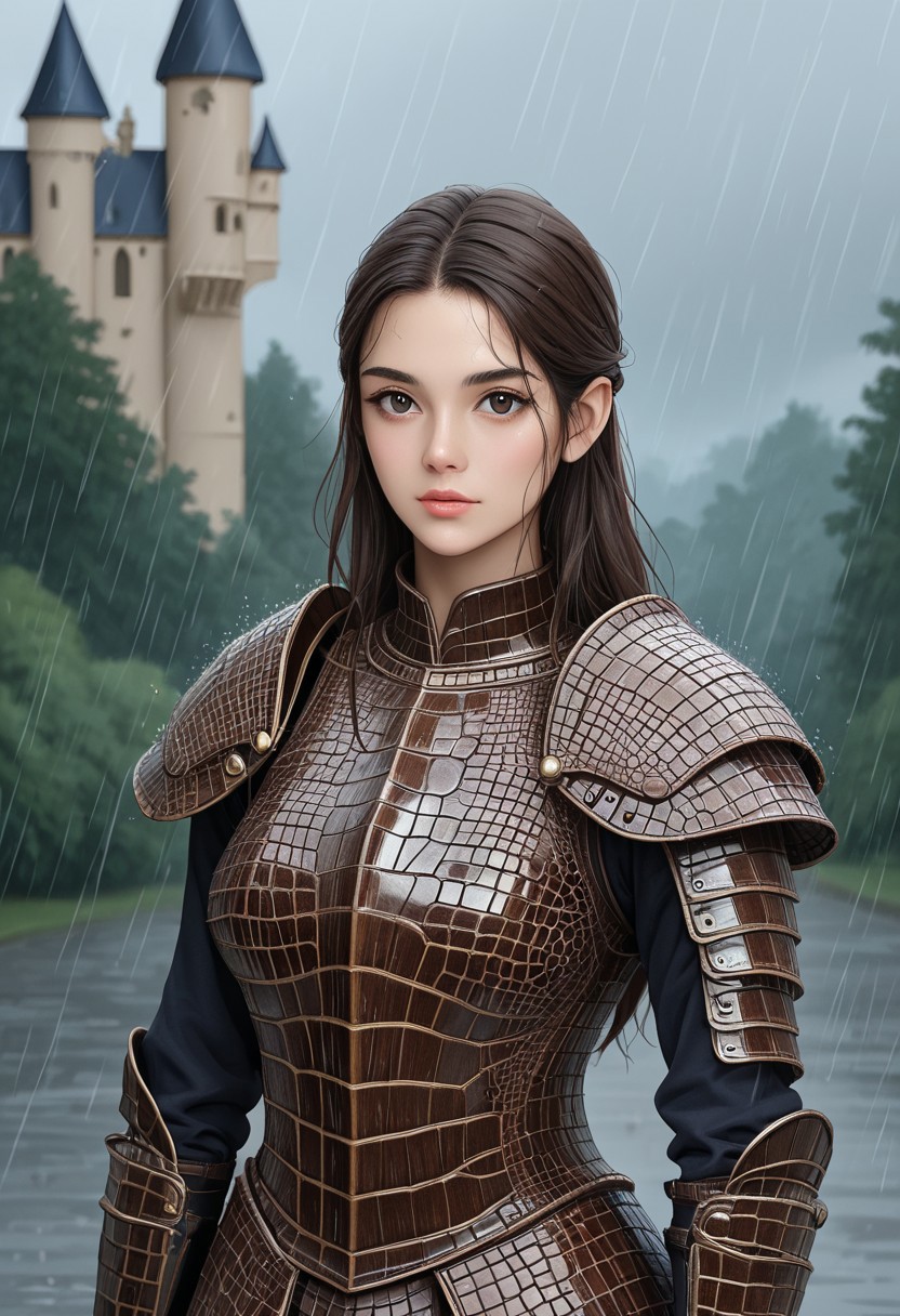 a solo 1girl wearing armor made of crocodile scales she is posing in front of the castle gate. the weather is a rainy day.