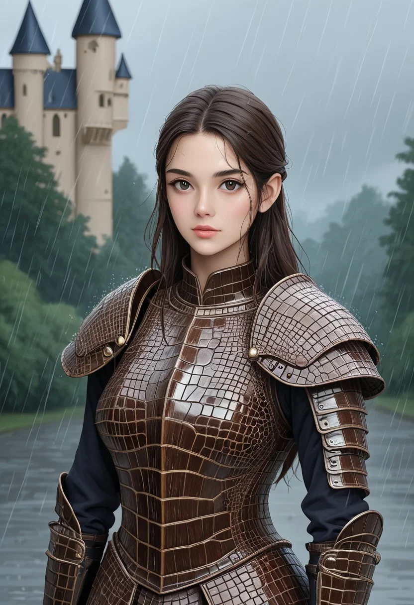 a solo 1girl wearing armor made of crocodile scales she is posing in front of the castle gate. the weather is a rainy day.