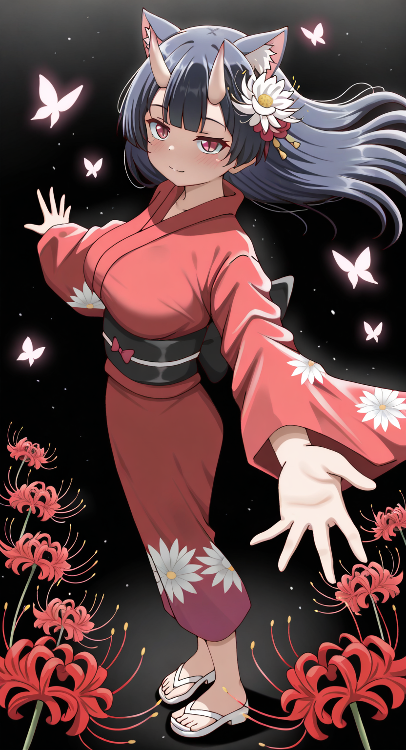 masterpiece, cute, lovely, newest, absurdres, (best quality:1.3), amazing quality, very aesthetic, 1girl, solo, high_resolution, hq, 4k, BREAK. high gradient eyes, very cute, light particles, cute details, cute colors, (Poa_Mellhen_Style), oni, oni horns, dark blue hair, straight hair, blunt bangs, pink eyes, slit pupils, (big breasts:0.7), naughty face, smug, BREAK, animal ears, portrait, cat ears, expressionless, floating hair, hair flower, japanese clothes, kimono, Butterfly, shoes, toeless footwear, yukata, looking at viewer, looking to the side, outstretched arms, outstretched hand, reaching, spread arms, flower, spider lily, solo, glitch, black background, from side, foreshortening, full body, closed mouth, digital dissolve, pixelated, one eye covered, reaching towards viewer, red flower, red kimono, white flower, white footwear, intricate details, vivid colors, smooth shading, dynamic lighting, professional illustration, soft gradients, balanced composition, elegant pose, high-resolution, sharp focus, 8k, hdr, crisp lines, perfect lighting, sharp eyes, detailed eyes, highly detailed