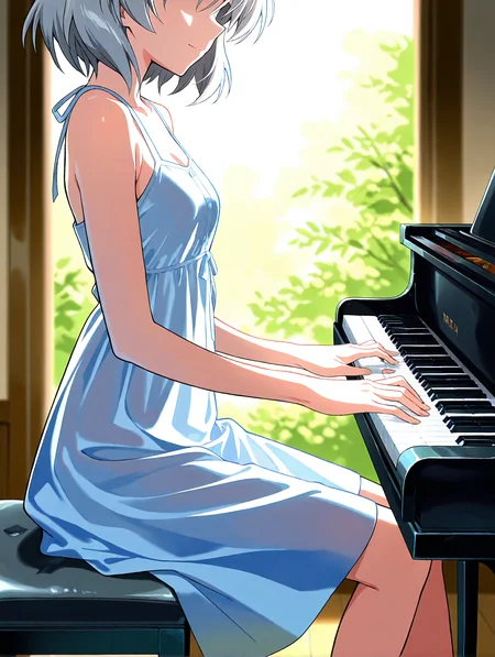 safe_pos, very awa, masterpiece, best quality, year 2024, newest, highres,very aesthetic, absurdes, detailed eyes, beautiful, detailed background, perfect eyes, anime coloring, anime screencap, thick outline,
1girl, solo,sanya v. litvyak \(Strike witches\), light smile, sundress,
<lora:Erotic_Pianist:0.7> Erotic_ianistV1,
1girl,piano,instrument,breasts,
solo,sitting,piano bench, head out of frame,faceless female,
play piano, hands on keyboard \(instrument\), from side,