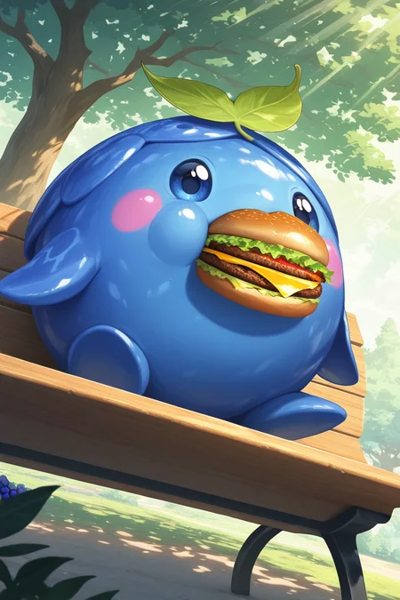 realistic shading, natural lighting, blueberry-creature focus, looking at viewer, cute expressive face, daberry, green_daberry_leaf on head, blue_daberry_hair, blue eyes, 1blueberry creature, pokemon (creature), covered mouth, shiny skin, burger on mouth, puffy cheeks, eating, outdoors park, sitting on bench, tree, sunbeam, sunlight, fantasy, dynamic angle, intricately detailed illustration, depth of field, masterpiece, best quality, amazing quality, very aesthetic, absurdres, newest