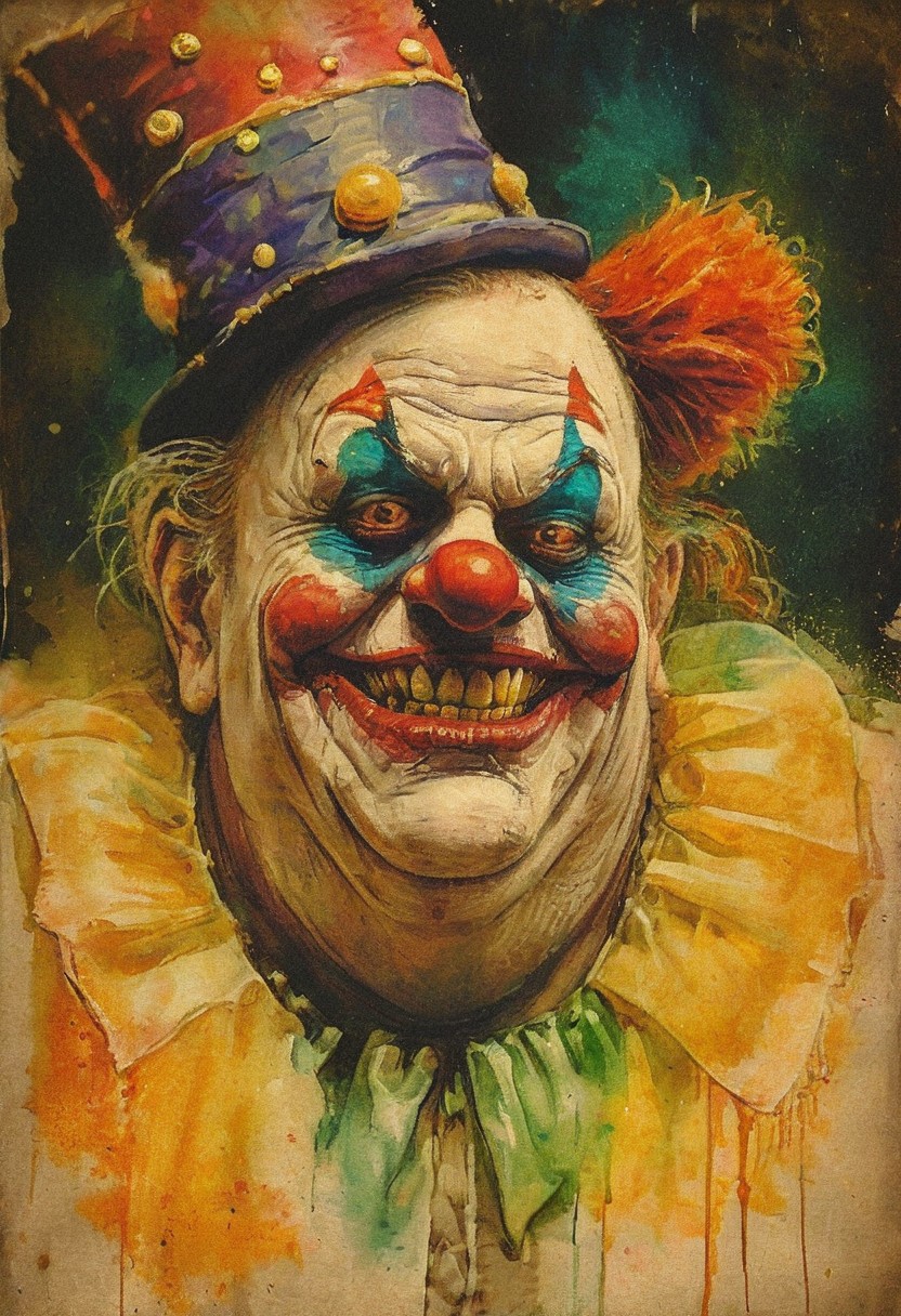 Decaying fat Evil clown man wearing a fancy sparkly woman's hat
, the scene is captured in dimly lit dark fantasy but vibrant colors, with bold ink lines defining form against the watercolor wash of the aged paper