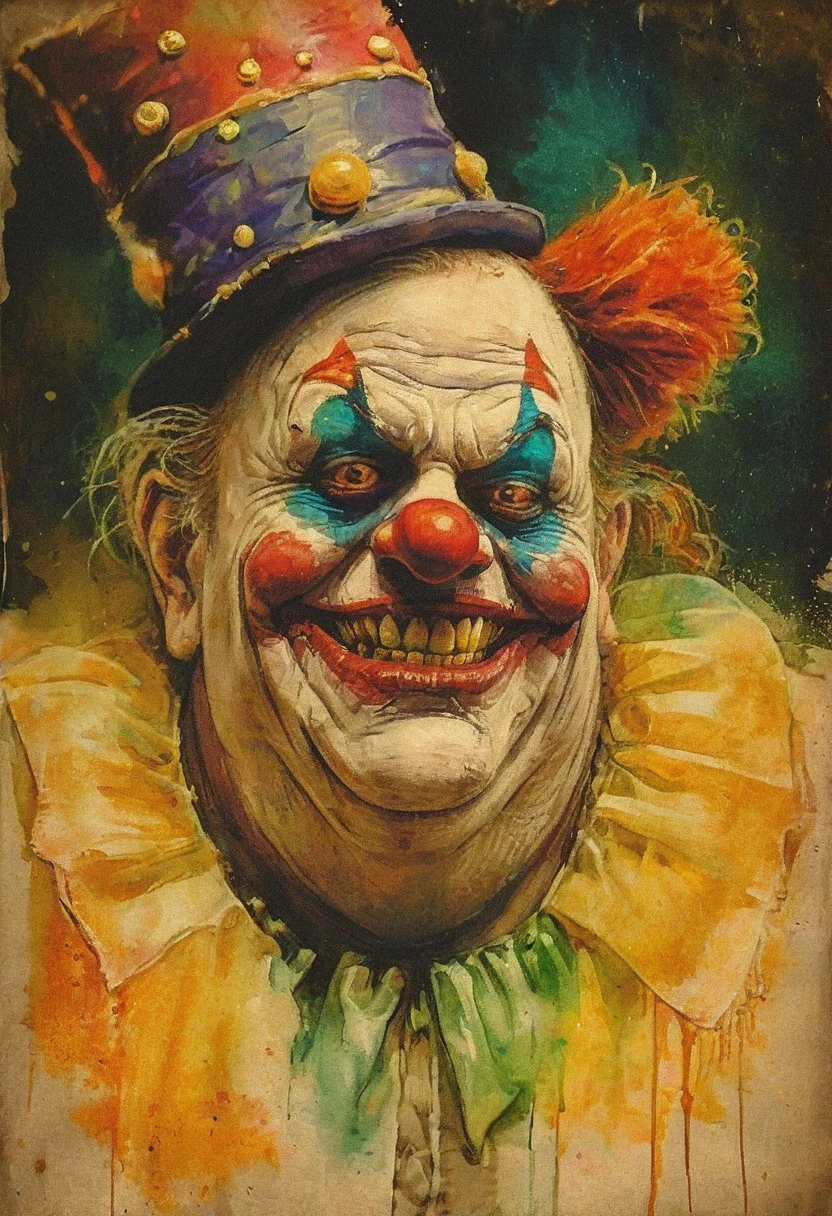 Decaying fat Evil clown man wearing a fancy sparkly woman's hat
, the scene is captured in dimly lit dark fantasy but vibrant colors, with bold ink lines defining form against the watercolor wash of the aged paper