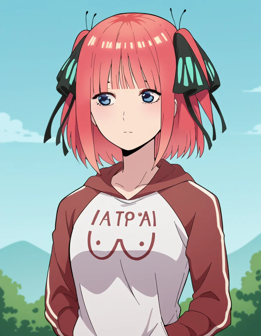 score_9, score_8_up, score_7_up, source_anime, <lora:nnakano-s2-ponyxl-lora-nochekaiser:1>, short hair, bangs, blue eyes, hair ornament, hair ribbon, pink hair, blunt bangs, two side up, butterfly hair ornament, mature female,, <lora:oppai-hoodie-ponyxl-lora-nochekaiser:1>, oppai hoodie, hoodie, raglan sleeves, clothes writting, hands in pocket,, outdoors, street,, cowboy shot, dutch angle, solo,