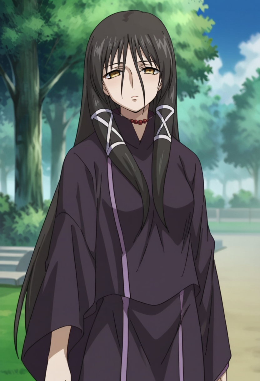 score_9,score_8_up,score_7_up,score_6_up,score_5_up,score_4_up,anime coloring BREAK source_anime,anime,<lora:Fasalina_Gun_X_Sword_Pony:0.8>,fasalina,1girl,solo,yellow eyes,black hair,long hair,hair between eyes,hair ribbon,necklace,robe,standing,outdoors,park,