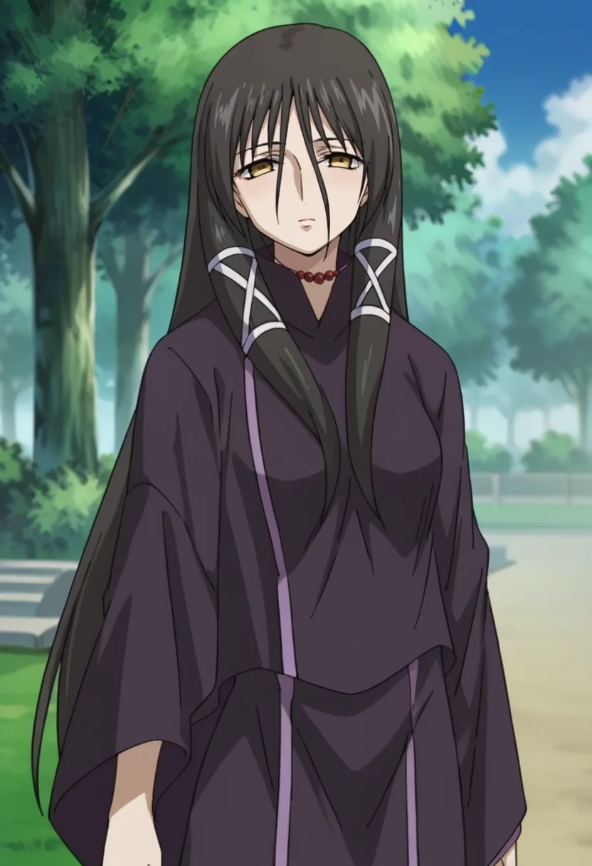 score_9,score_8_up,score_7_up,score_6_up,score_5_up,score_4_up,anime coloring BREAK source_anime,anime,<lora:Fasalina_Gun_X_Sword_Pony:0.8>,fasalina,1girl,solo,yellow eyes,black hair,long hair,hair between eyes,hair ribbon,necklace,robe,standing,outdoors,park,