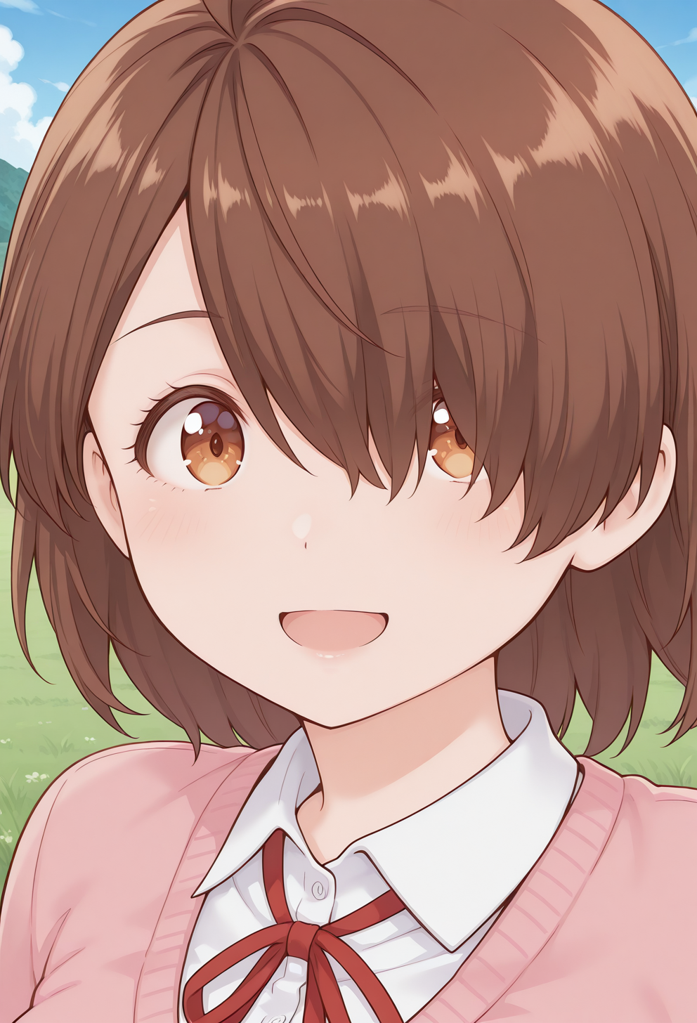 yurizono_yuumi, brown eyes, brown hair, short hair, ahoge, hair over one eye, school uniform, neck ribbon, pink cardigan, collared shirt, long sleeves, <lora:yurizono_yuumi_illustrious_ver1:0.8> 
smile,, masterpiece, best quality, very aesthetic, absurdres, general,, 1girl, solo, blue sky, (grasslands:1.2), looking at viewer,, (upper body:1.2), (close-up:1.2), (facing viewer:1.2), (open eyes:1.4), (portrait:1.2)