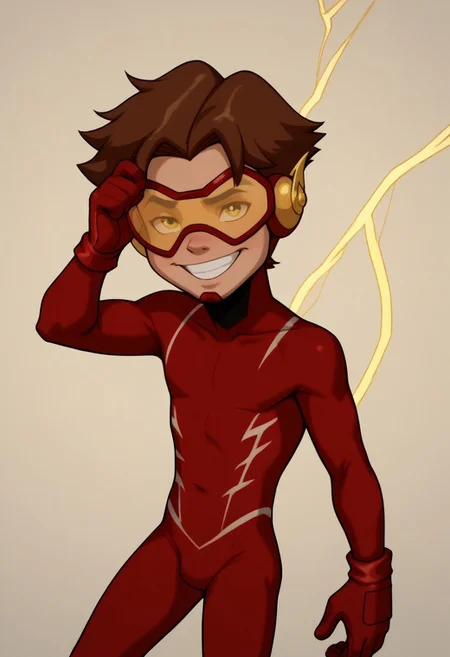 score_9, score_8_up, score_7_up, CuteCartoonStyle, petite, shortstack, highly detailed, cute boy, 1boy, solo, Impulseyj, red framed goggles yellow lenz, red and white bodysuit, brown hair, skinny, lean body, red gloves, big smile, dominating pose, yellow lightning